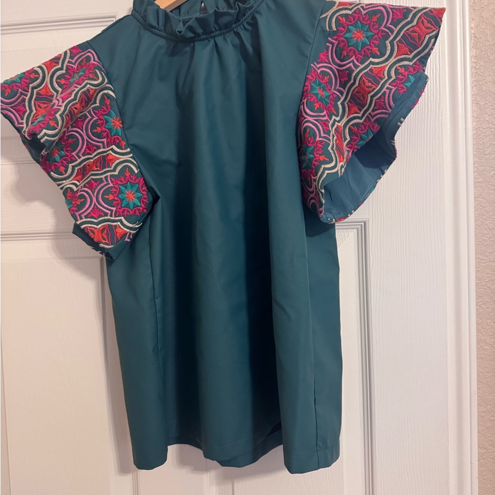 THML Teal Top with Embroidered Accents